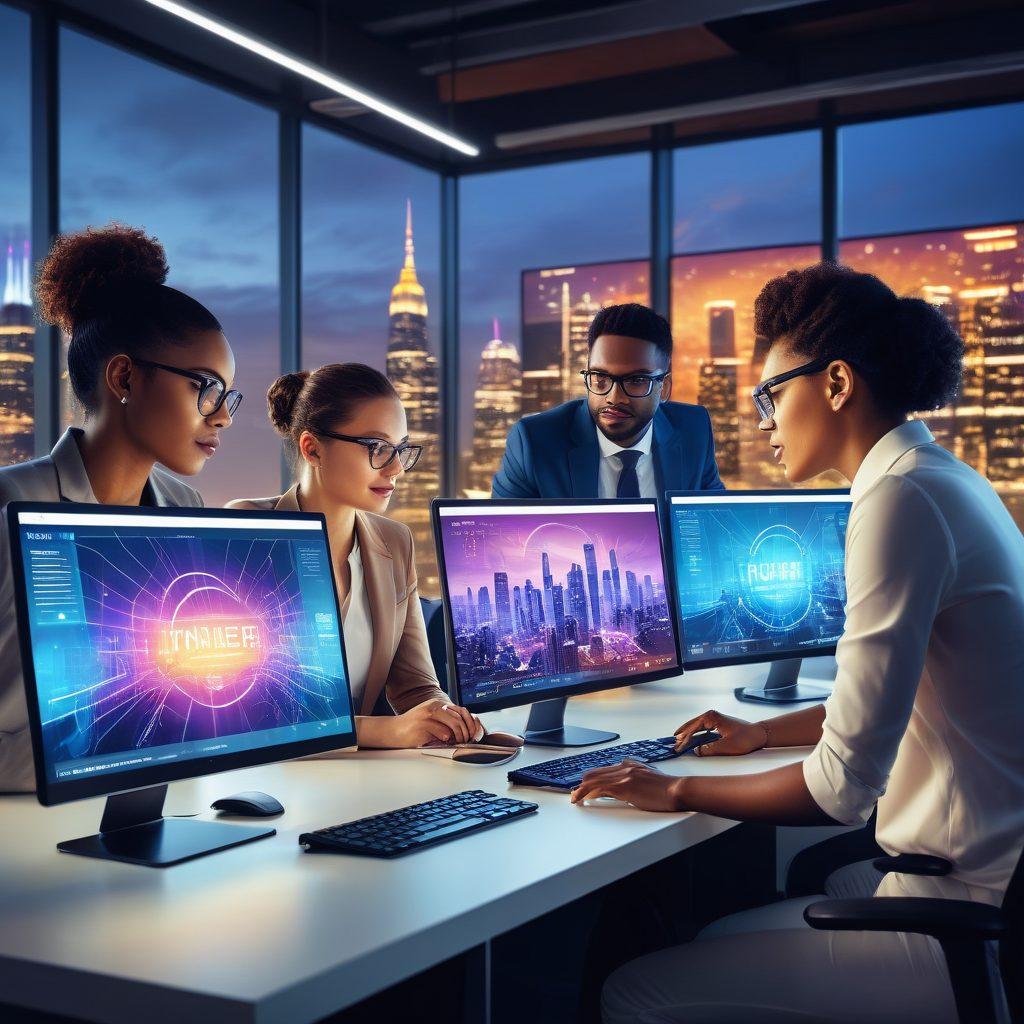 A dynamic illustration of a diverse team of professionals working together on futuristic computer screens, creating websites, analyzing data, and brainstorming innovative ideas, all set in a sleek, modern office with cityscape views. Above, a bold, glowing header reads 'Unlock Your Online Potential.' super-realistic. vibrant colors. futuristic.