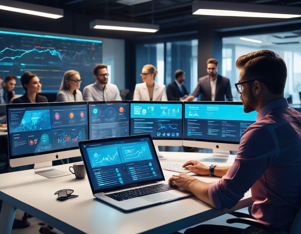An ultra-modern digital workspace with multiple screens displaying various aspects of online business management—analytics, e-commerce, marketing tools—surrounded by a vibrant, collaborative team. Jim, a charismatic character in the center, guiding the team with a laptop. sleek, professional design, with a touch of futuristic elements. super-realistic. vibrant colors.