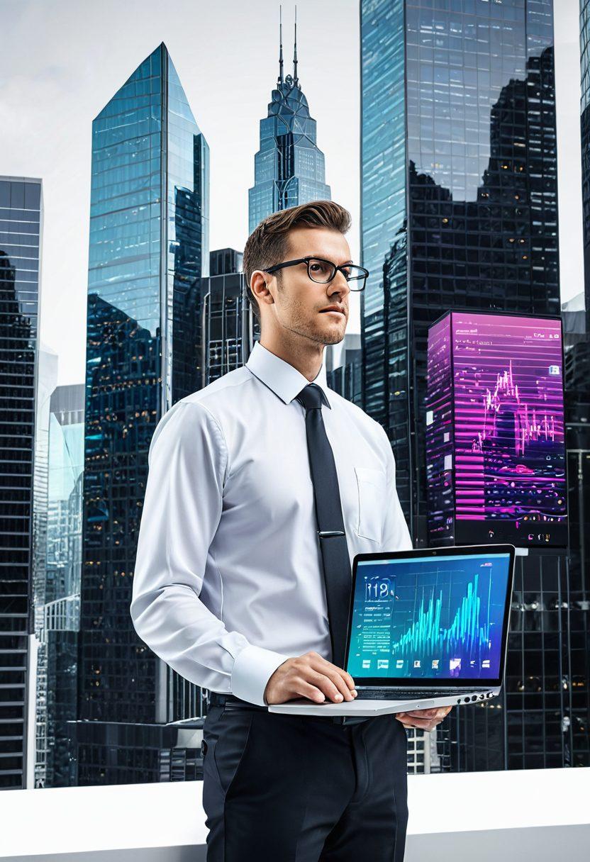 A dynamic, futuristic cityscape with skyscrapers displaying digital ads and analytics charts on their facades, symbolizing advanced SEO solutions. Jim, a confident tech-savvy individual, stands in the foreground with a laptop showing a skyrocketing growth chart. The image showcases vibrant colors and a blend of modern technology with traditional marketing elements. super-realistic. vibrant colors. white background.
